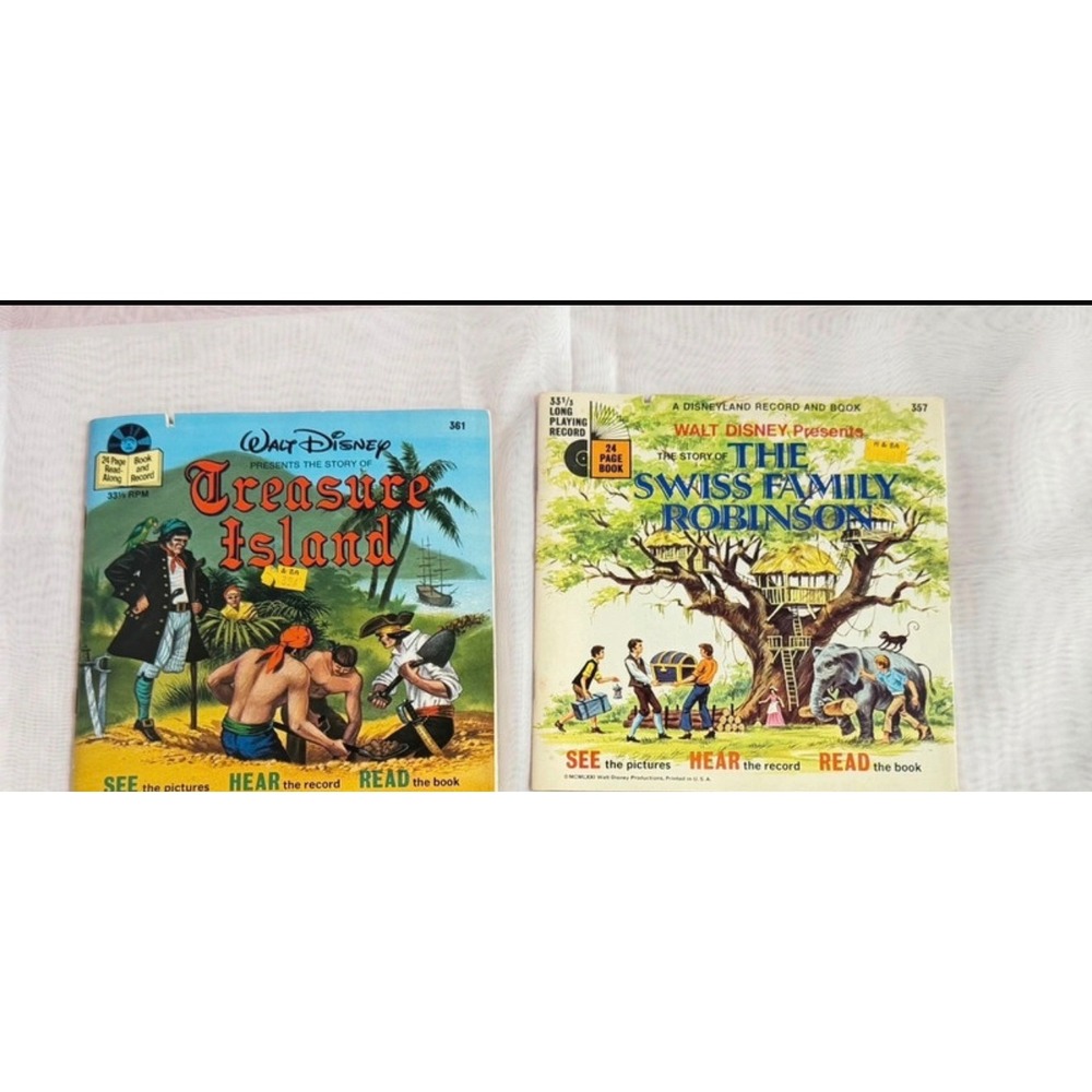 Vintage Walt Disney Treasure Island & Swiss Family Robinson Record and Book Set